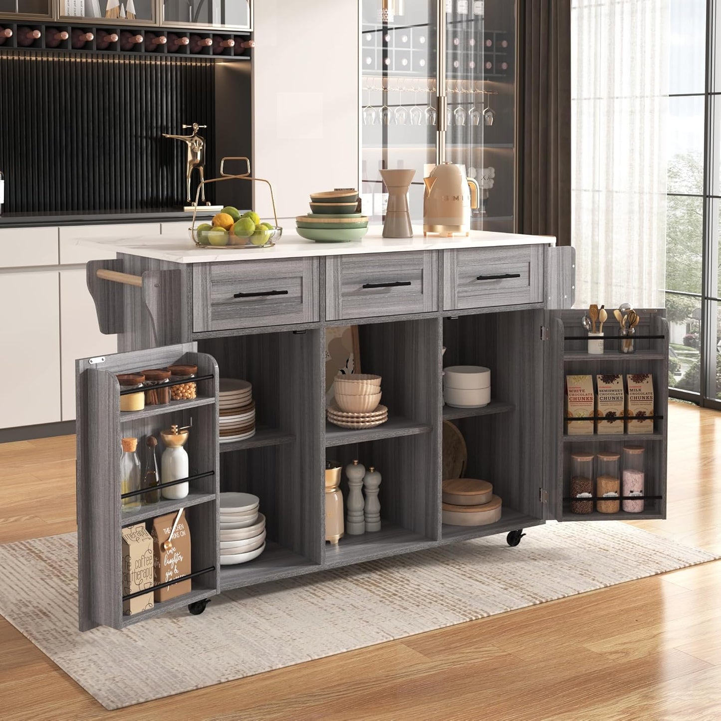 Kitchen Island Movable on 5 Wheels, Large Kitchen Trolley Serving Trolley with Folding Worktop, 3 Drawers, 6 Storage Spaces, 2 Storage Doors, Interchangeable Solid Wood Feet for Dining Room,