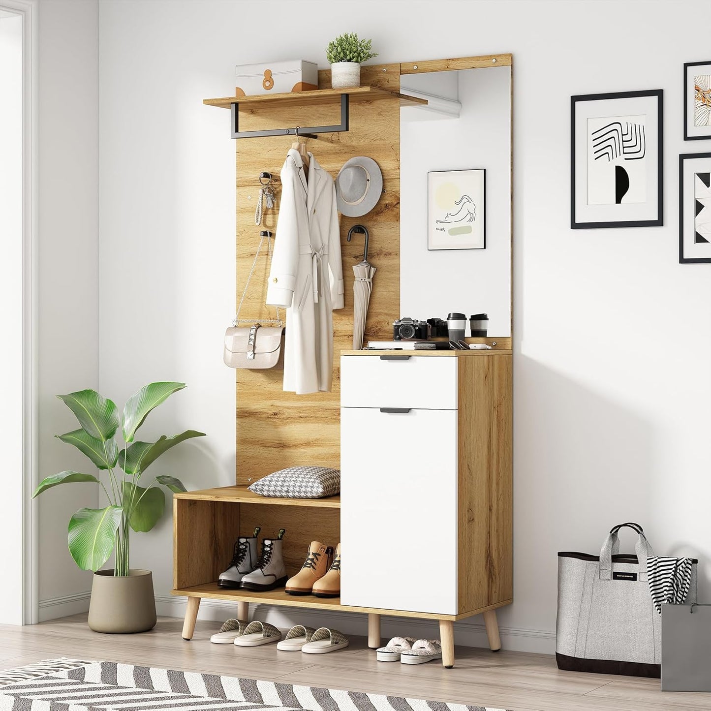 Wardrobe Set, Hallway Coat Rack with Padded Storage Bench, Shoe Cabinet with Pegboard, 4 Hooks for Hallway, Entrance Area, 100 x 35 x 180 cm (Teak White)
