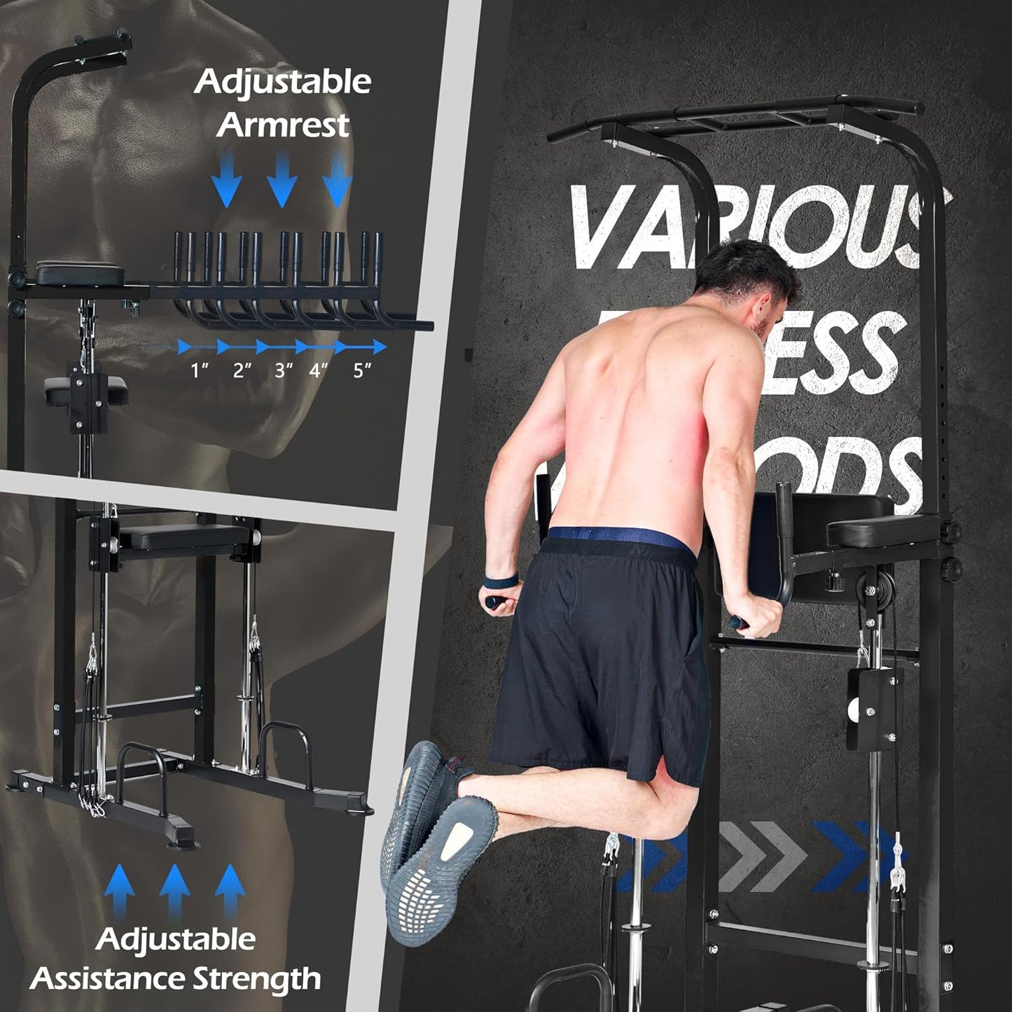 Dip Station Power Tower Pull-Up Bar with Armrest Backrest and Exercise Aid for Home Strength Training, 10 Levels, Height Adjustable, Capacity 200 kg