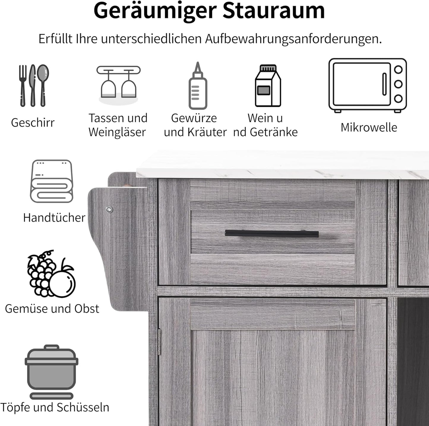Kitchen Island Movable on 5 Wheels, Large Kitchen Trolley Serving Trolley with Folding Worktop, 3 Drawers, 6 Storage Spaces, 2 Storage Doors, Interchangeable Solid Wood Feet for Dining Room,