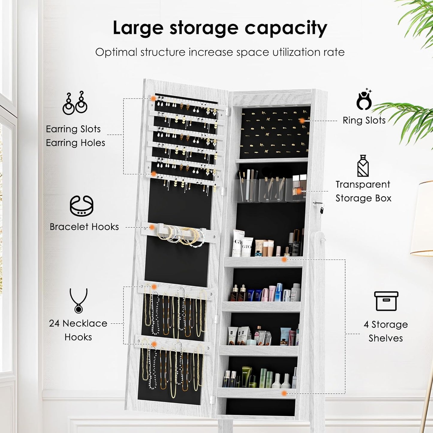 SH-QH-6150-W Jewellery Cabinet, Mirror Cabinet, Freestanding, Lockable, Full Length Mirror, Mirrored Jewellery Cabinet, Angle Adjustable, for Rings, Earrings, Bracelets, Brooches, White