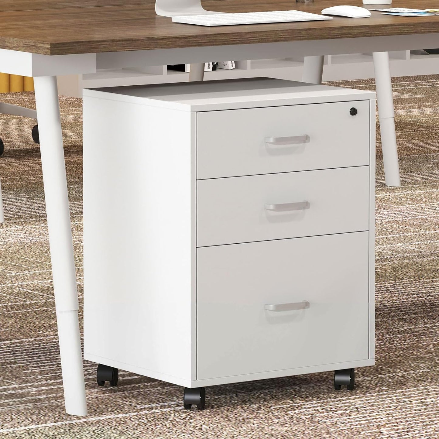 Filing Cabinet on Wheels Mobile Rolling Container Office Cabinet Lockable Office Container with 3 Drawers Office Furniture White Desk Container Home Office
