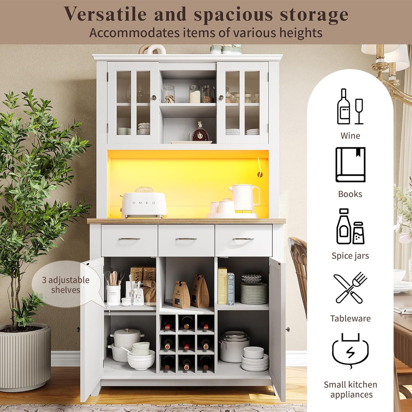 Kitchen Cabinet Tall Cabinet Kitchen Buffet Cabinet Sideboard with Wine Rack Drawers LED Lighting 106 x 40 x 179.5 cm