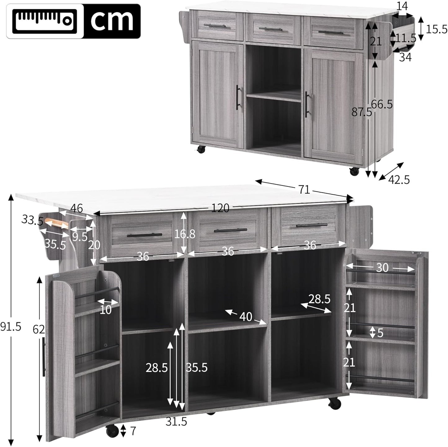 Kitchen Island Movable on 5 Wheels, Large Kitchen Trolley Serving Trolley with Folding Worktop, 3 Drawers, 6 Storage Spaces, 2 Storage Doors, Interchangeable Solid Wood Feet for Dining Room,