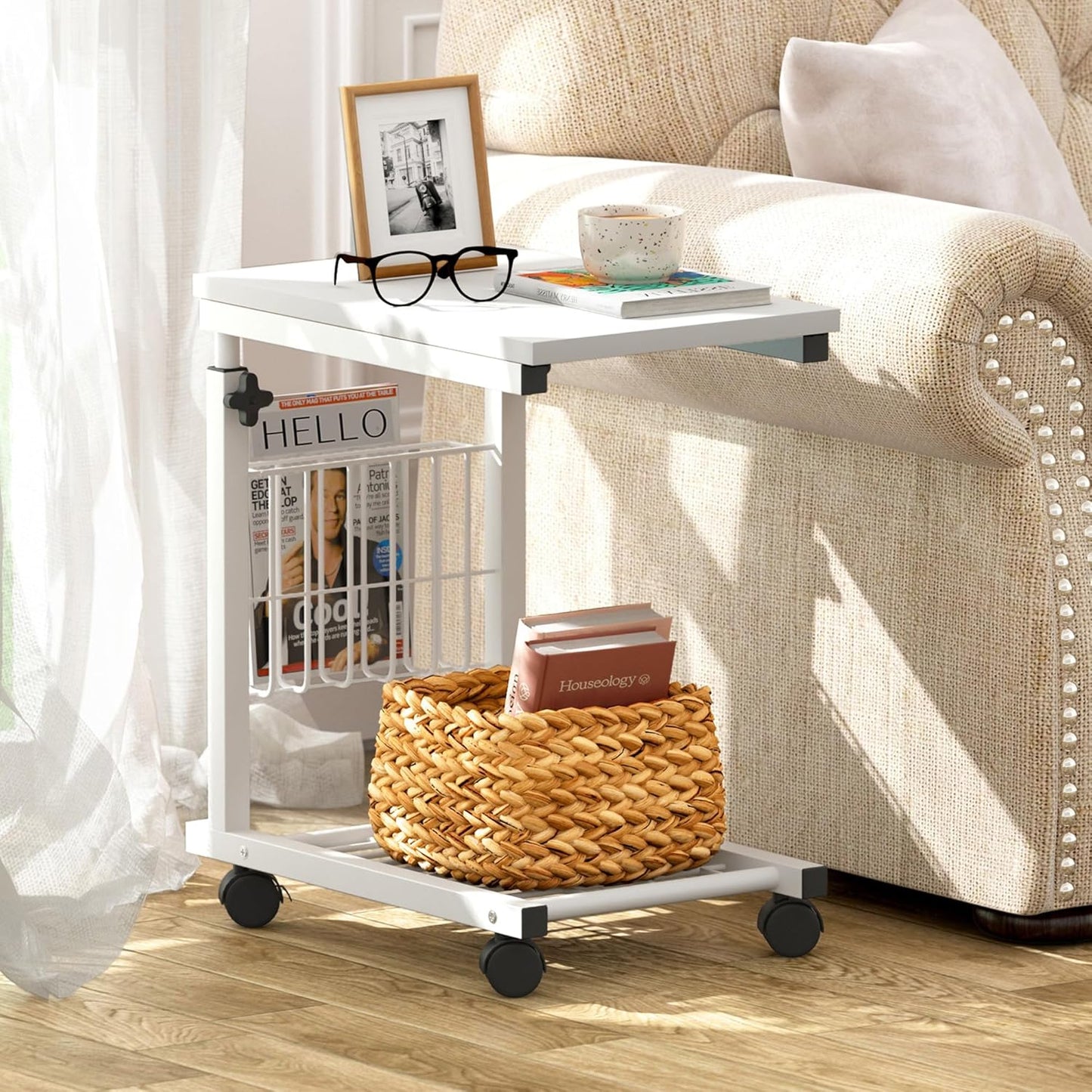 Laptop Table, Side Table, Height Adjustable Table with Wheels, 48 cm x 30 cm, PC Table, Notebook, Sofa Table, Side Table for Coffee/Snack/Storage, Side Table for Home