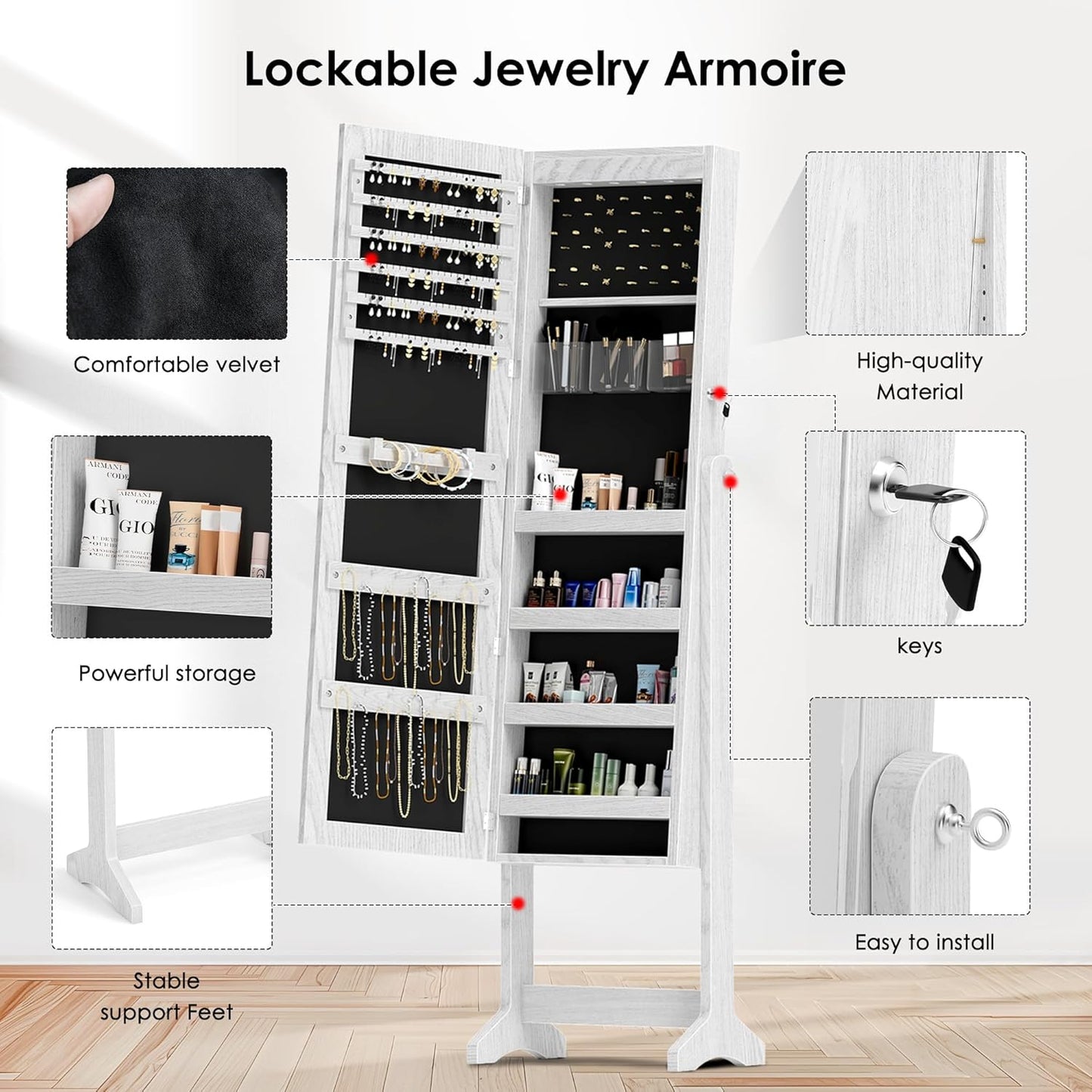 SH-QH-6150-W Jewellery Cabinet, Mirror Cabinet, Freestanding, Lockable, Full Length Mirror, Mirrored Jewellery Cabinet, Angle Adjustable, for Rings, Earrings, Bracelets, Brooches, White