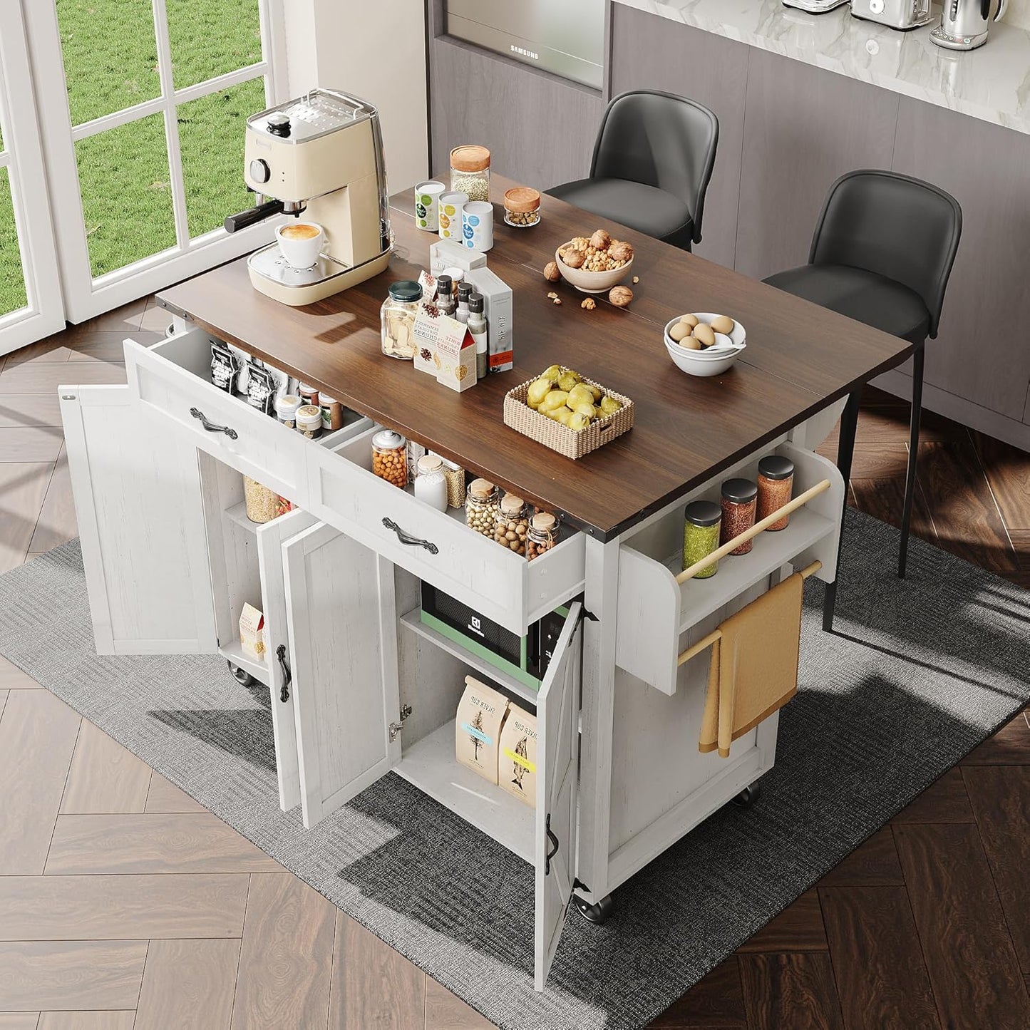 Kitchen Island Serving Trolley with Extendable Worktop, Movable Kitchen Cabinet, Kitchen Trolley, Kitchen Island Trolley, Dining Trolley with 2 Drawers and 4 Doors