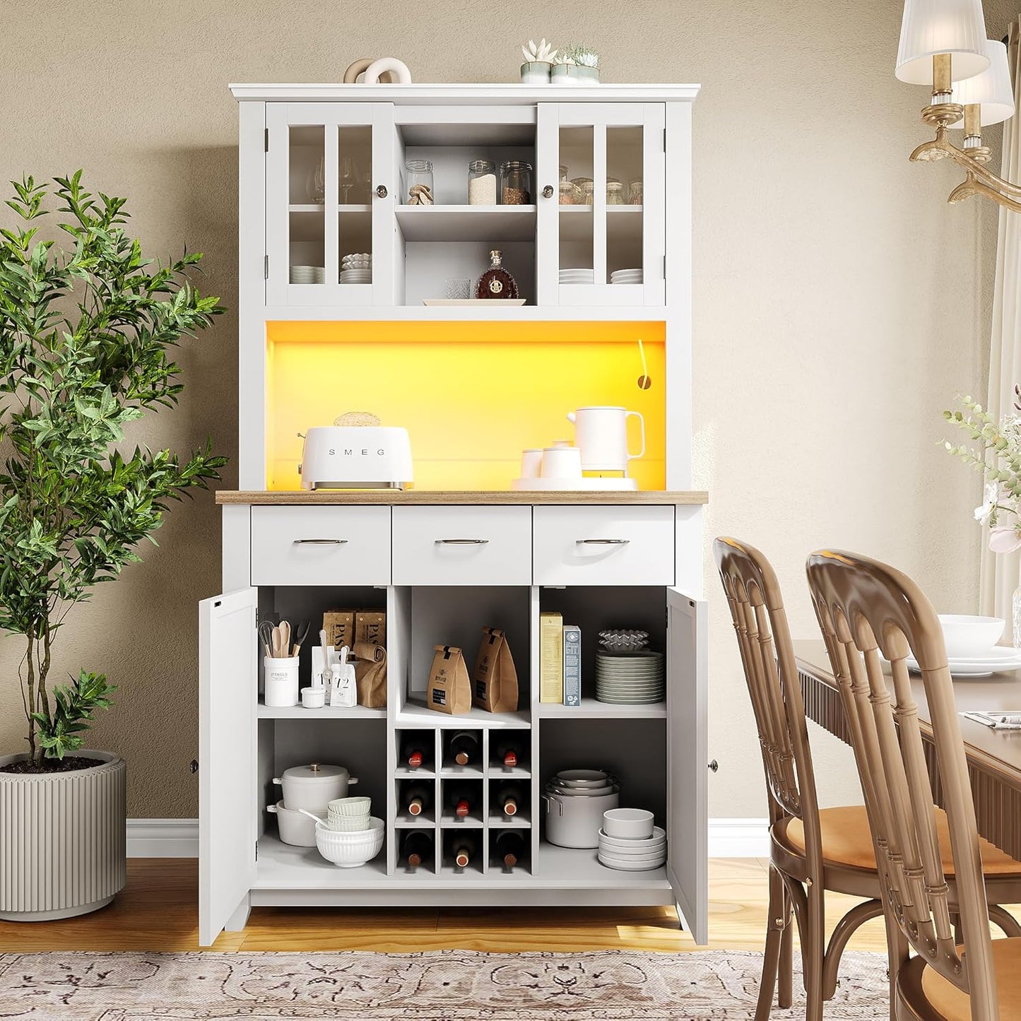 Kitchen Cabinet Tall Cabinet Kitchen Buffet Cabinet Sideboard with Wine Rack Drawers LED Lighting 106 x 40 x 179.5 cm