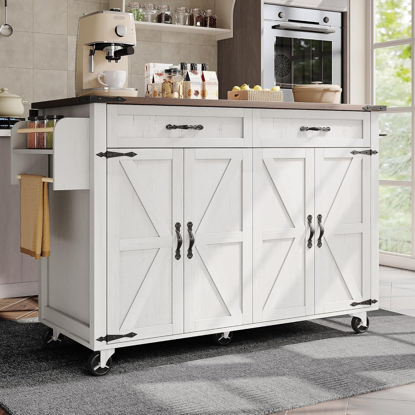 Kitchen Island Serving Trolley with Extendable Worktop, Movable Kitchen Cabinet, Kitchen Trolley, Kitchen Island Trolley, Dining Trolley with 2 Drawers and 4 Doors