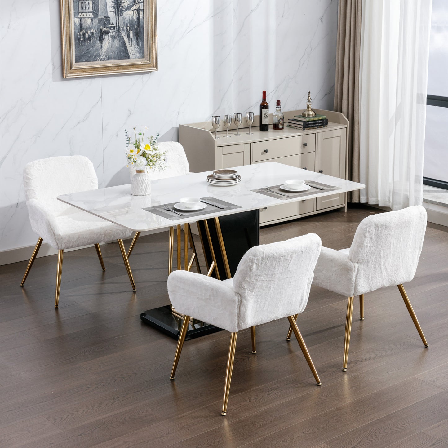 SogesPower Artificial Furry Rabbit Hair Dining Chair, Comfy Armchair with Golden Metal Legs, Set of 2- White