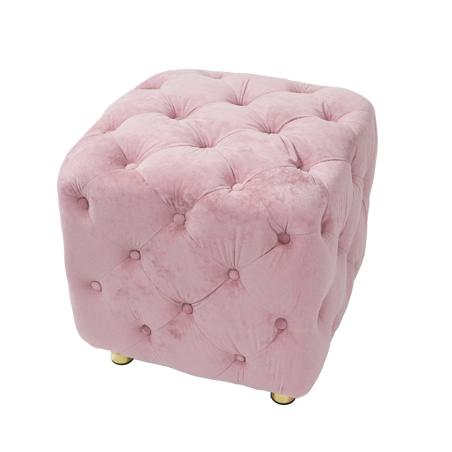 Modern Velvet Upholstered Square Ottoman, Exquisite Small Soft Foot Stool- Pink