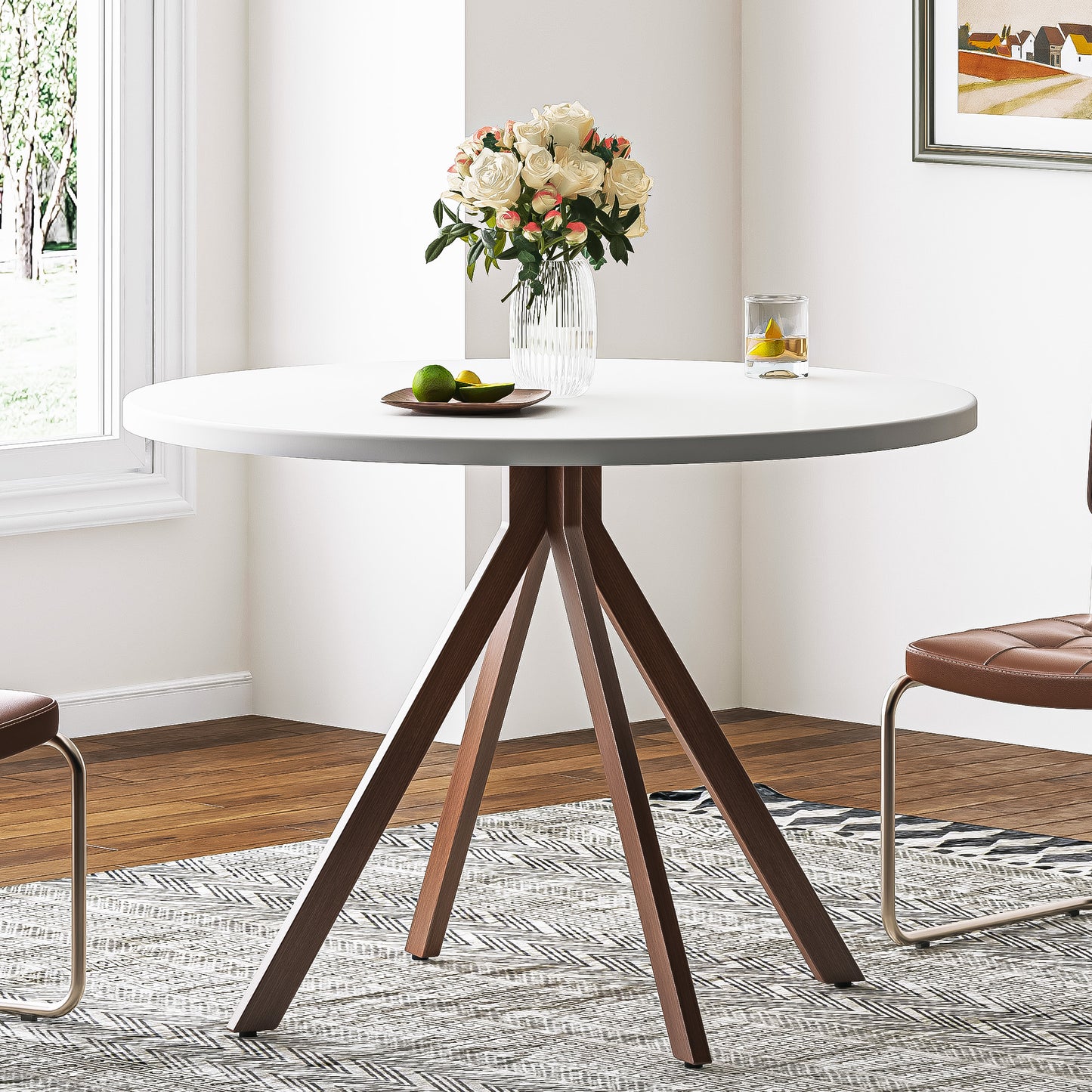 Soges Wood Round Dining Table for Kitchen Dining Room, 39.4inch Modern Dining Table with Metal Legs, Walnut