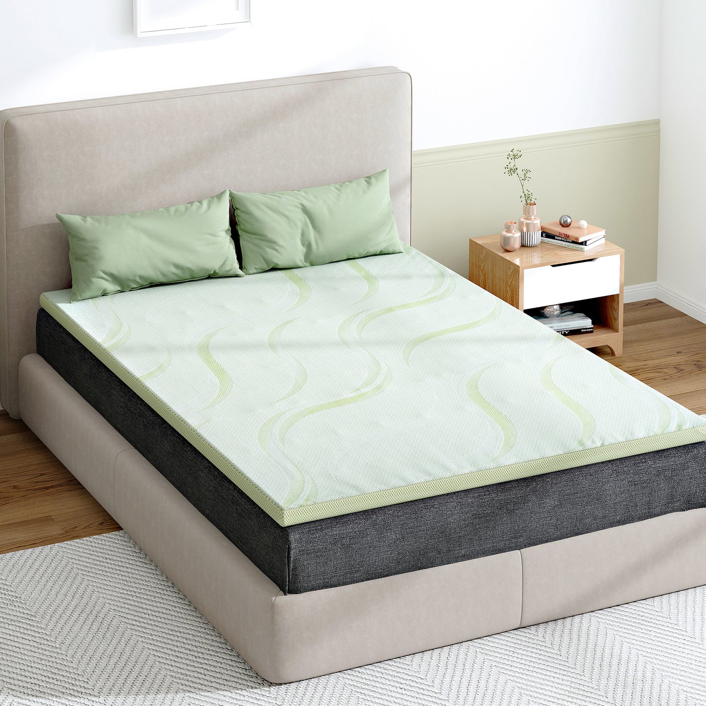 Aloe Vera Mattress, 1.6'' Memory Foam Mattress Topper, 25D PU Foam 1.6'' In Green With 3 Zone/Egg Base Shape, No Pillow