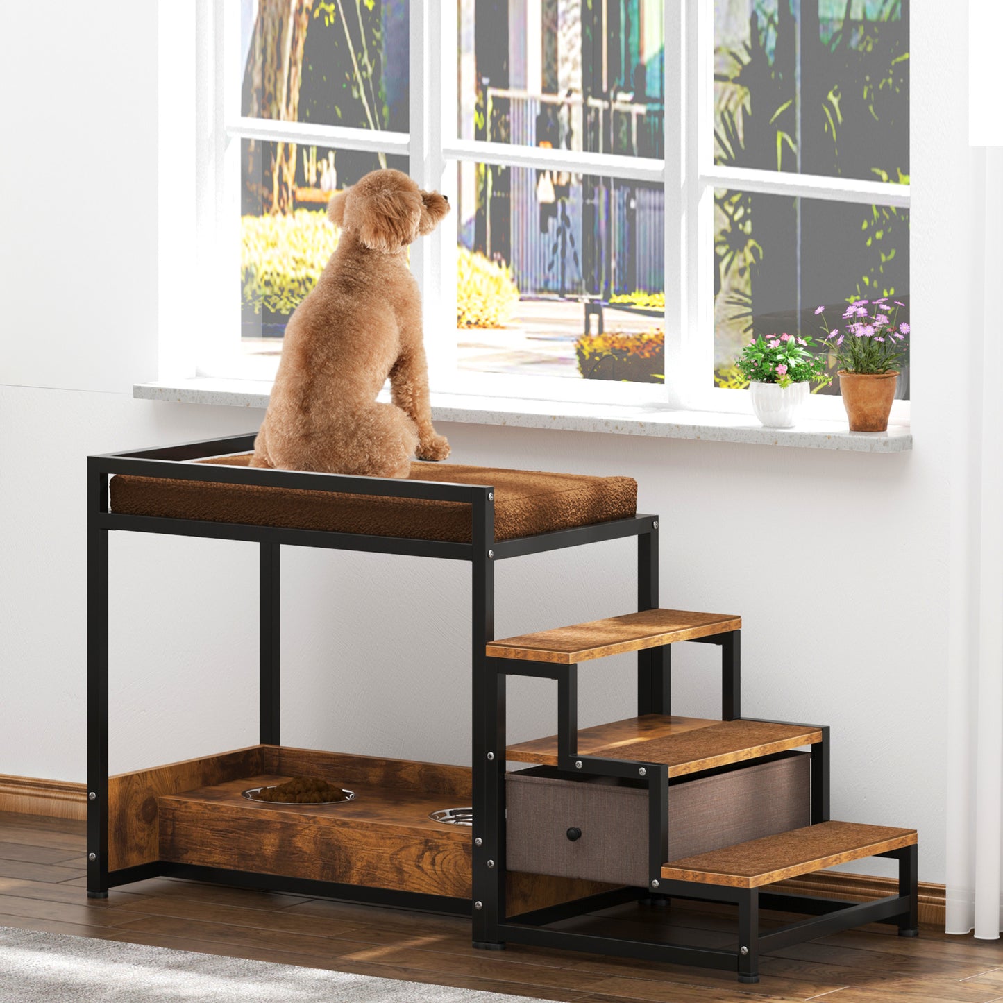 Soges Modern Design Pet Dog Window Steps, Wooden Pet Furniture, Can be Disassembled and Washed Sponge Mat, Small and Medium-Sized Pet Dog Use