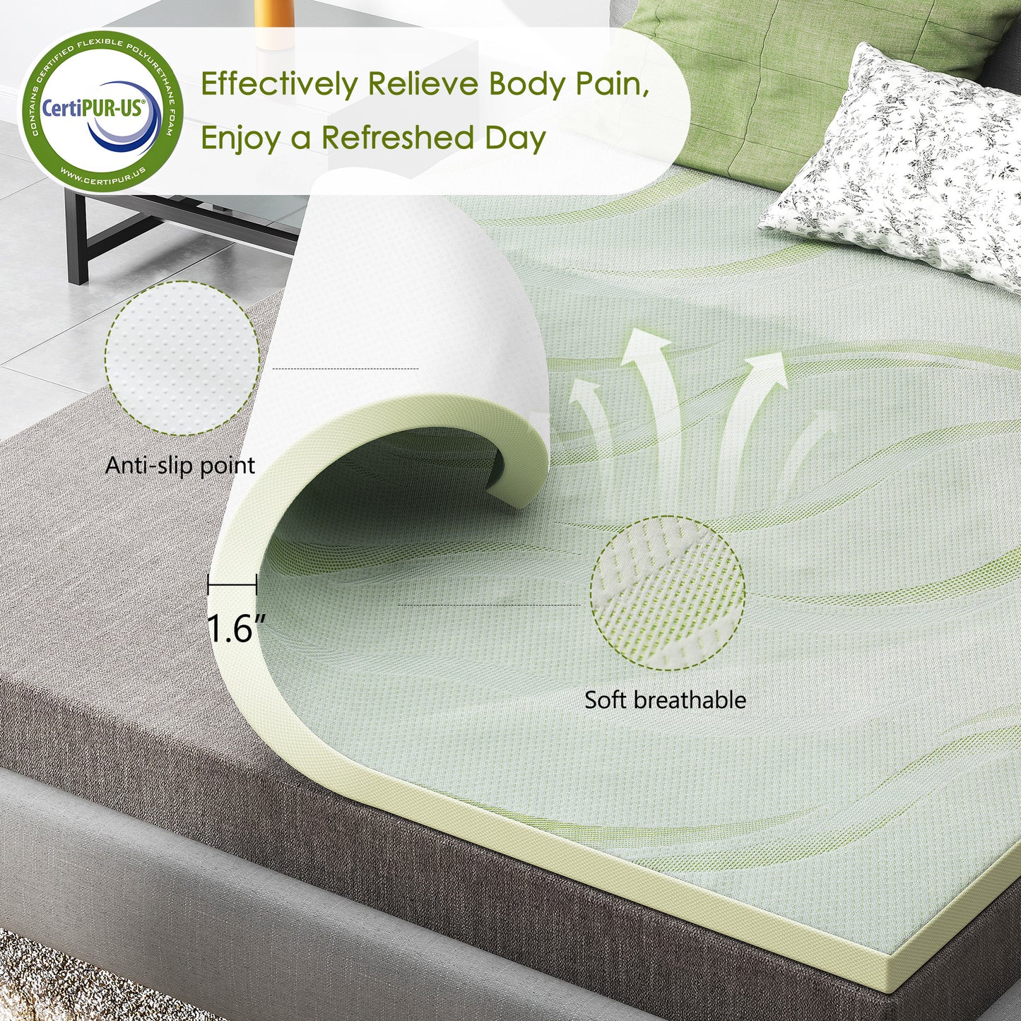 Aloe Vera Mattress, 1.6'' Memory Foam Mattress Topper, 25D PU Foam 1.6'' In Green With 3 Zone/Egg Base Shape, No Pillow