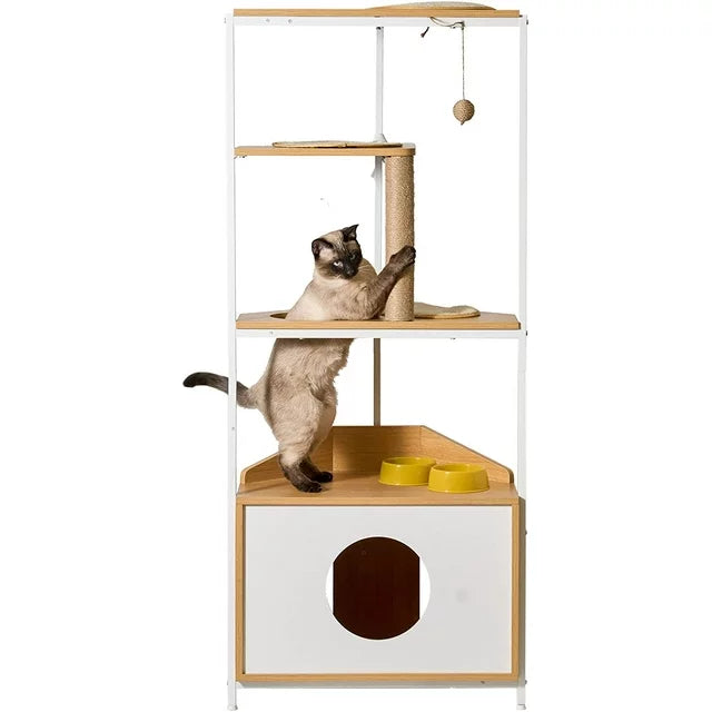 Soges 4-Tier Cat Tree for Corner, Cat Tree Tower with Scratching Post, Cat Litter Box with Feeding Station and Climbing Platforms