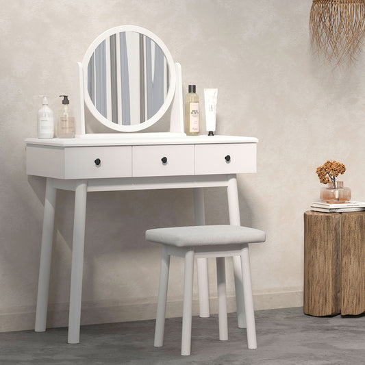 SogesHome Vanity Table Set with 360° Pivoting Mirror, Makeup Dressing Table with 3 Drawers and Stool, Modern White