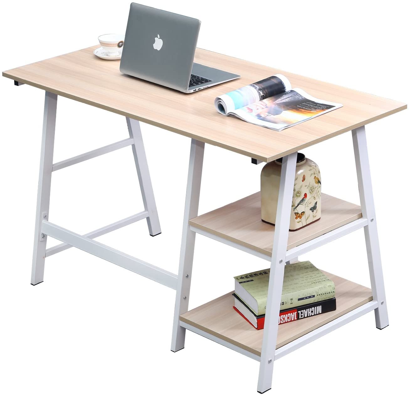 SogesPower 47in Office Desk with Storage for Home Office Student Writing Desk- Beige