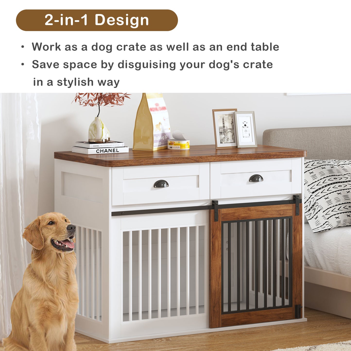 SogesPower 44 in Dog Crate Furniture with Sliding Barn Door, Wooden Dog Kennel with 2 Drawers and Lock, Indoor Dog House for Small/Medium/Large Dogs