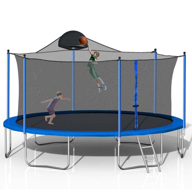 Soges 14FT Trampoline for Kids and Adults with Basketball Hoop Outdoor Trampoline with Ladder and Safety Enclosure Net Heavy Duty Trampoline Capacity for 5-7 Kids