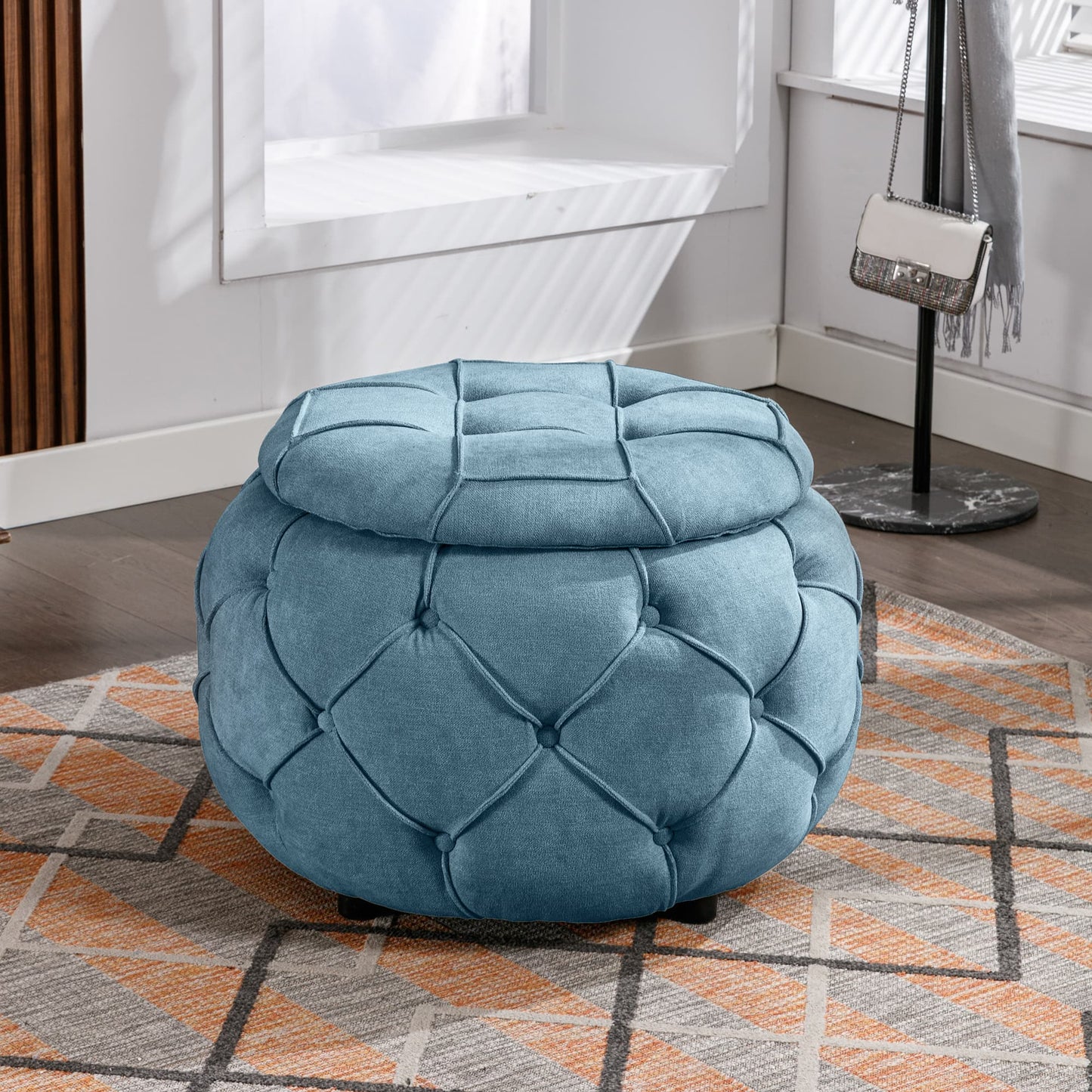 SogesPower Large Button Tufted Woven Round Storage Ottoman for Living Room & Bedroom,17.7"H Burlap Blue