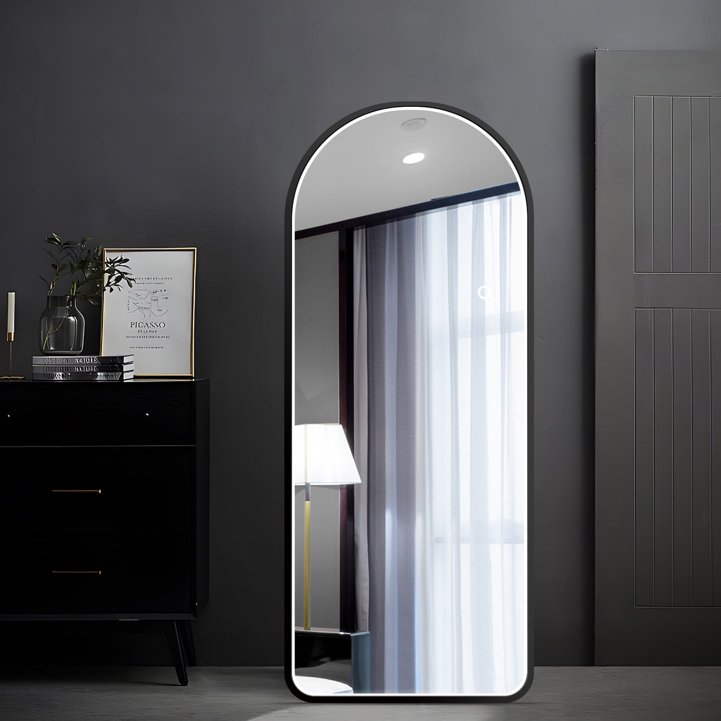 Soges Professional Full Length Mirror with Arched Design, LED Lights and Storage - Floor Standing Dressing Mirror Black