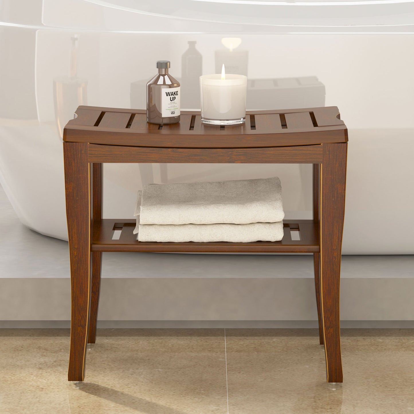 SogesPower Bathroom Bench Bamboo Wood Shower Stool Non-slip Waterproof Shower Seat with Storage Shelf