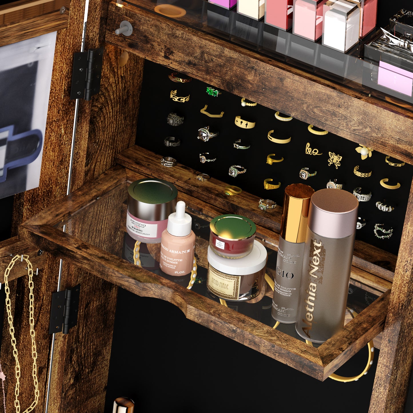 Soges Multifunctional Mirror Cabinet, Makeup Mirror, Built-in Storage Rack, Storage Items, Built-in LED light Belt,Brown