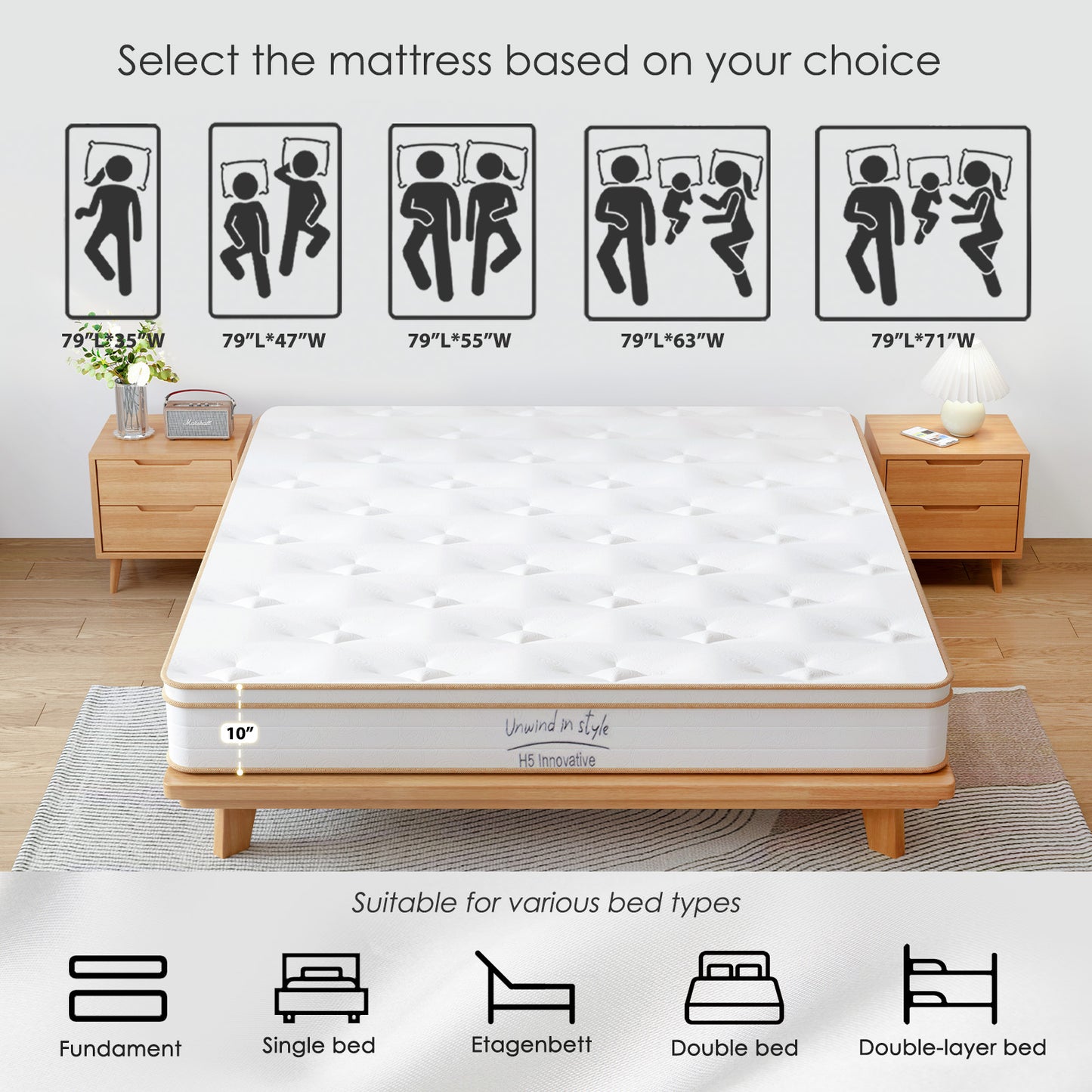 10'' Mattress Topper, Ultra-Soft Plush Support Mattress, Double-Sided Comfort, Queen Size