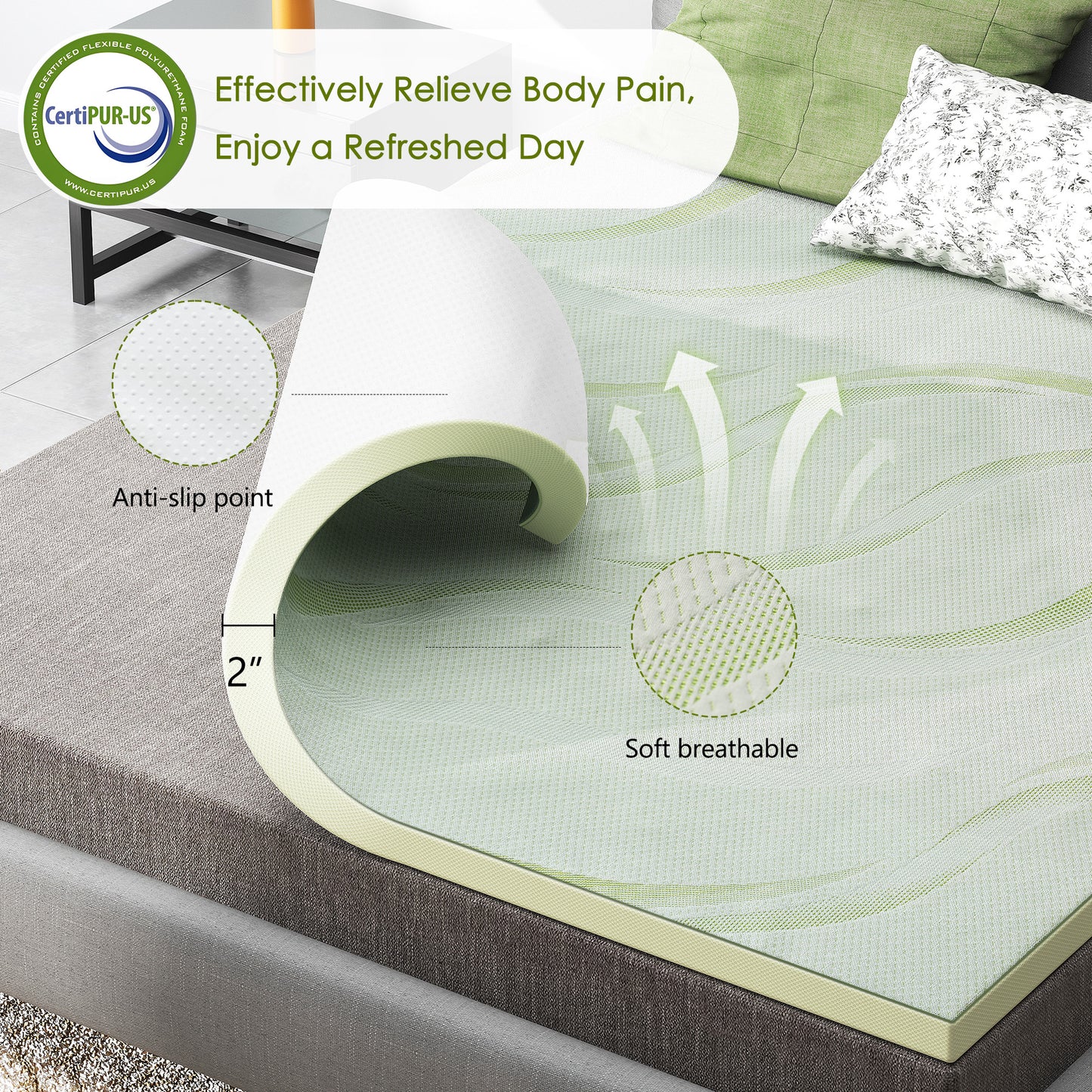 Aloe Vera Mattress, 2'' Memory Foam Mattress Topper, 30D Memory 1.2'' In White With 7 Zone/Egg Base Shape, With Pillow