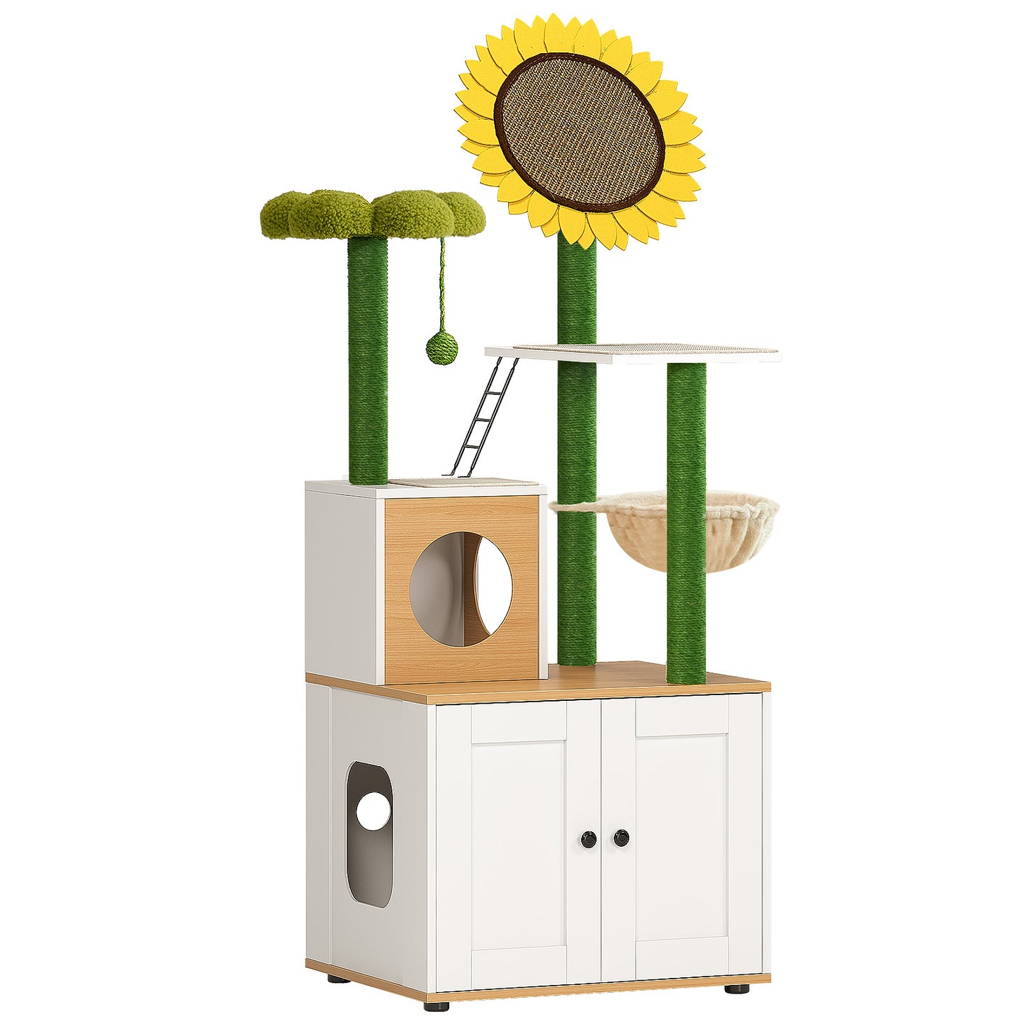 Soges Cat Tree with Cat Condo, 60" 4-layer Cat Tower with Cactus Sisal Scratching Post, Soft Hammock, Fun Cat Ball, Cat Litter Box Enclosure