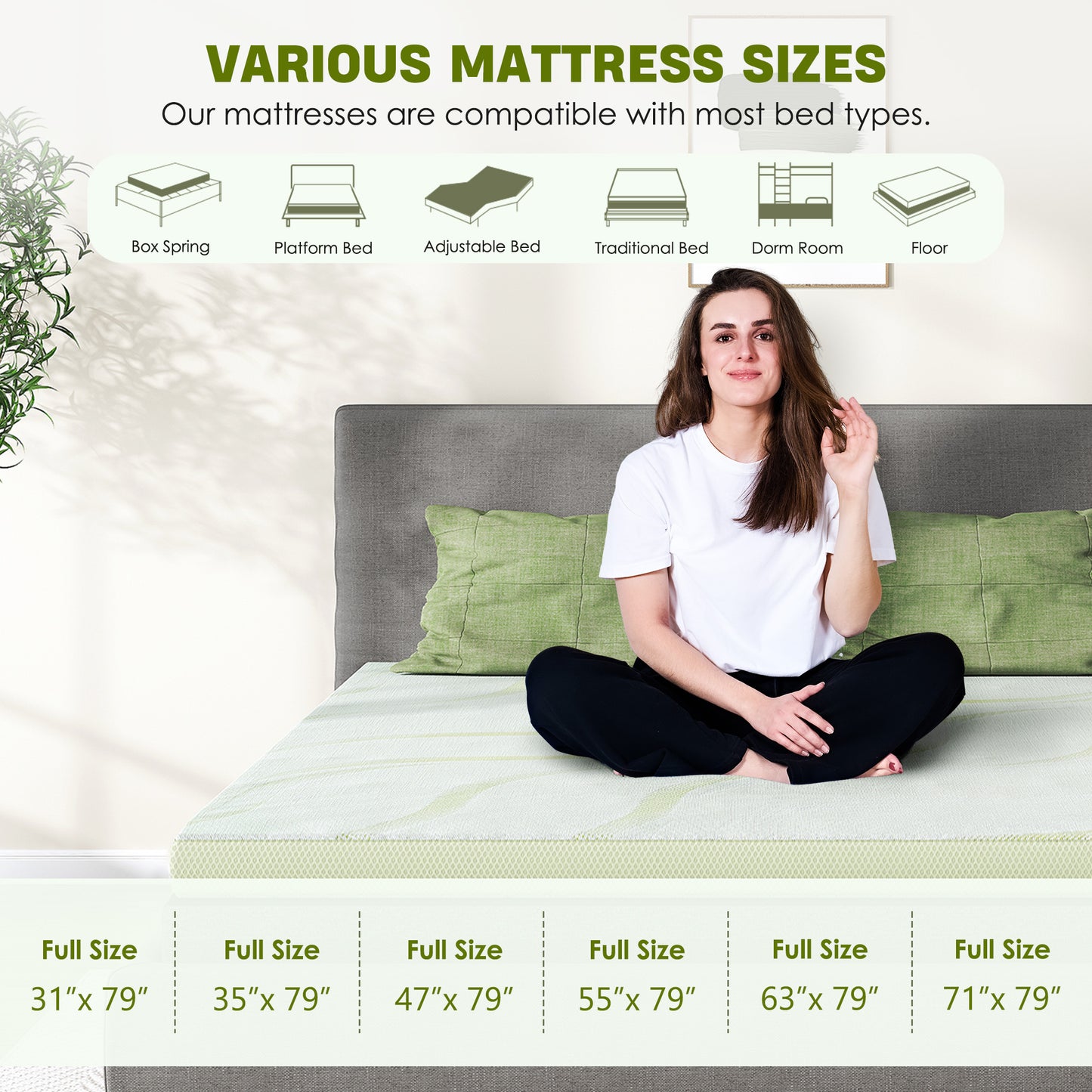 Aloe Vera Mattress, 1.6'' Memory Foam Mattress Topper, 25D PU Foam 1.6'' In Green With 3 Zone/Egg Base Shape, No Pillow