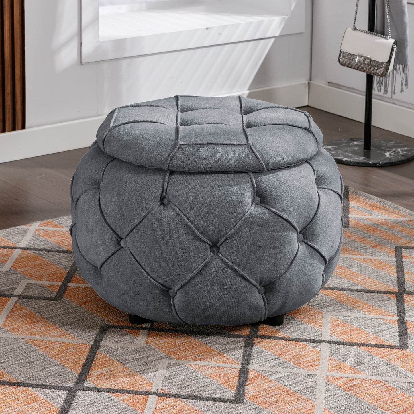 SogesPower Large Button Tufted Woven Round Storage Ottoman for Living Room & Bedroom,17.7"H Burlap Grey