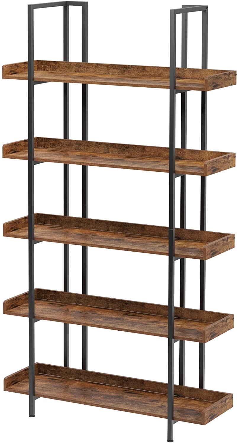 SogesPower Rustic 5 Tier Bookshelf, Free Standing Storage Rack with Metal Frames- Vintage Brown
