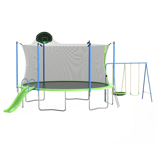 Soges 14FT Trampoline with Slide and Swing, Basketball Hoop, 1400lbs Capacity Trampoline with Safety Enclosure for Backyard Outdoor Recreational Trampolines for 5-8 Kids