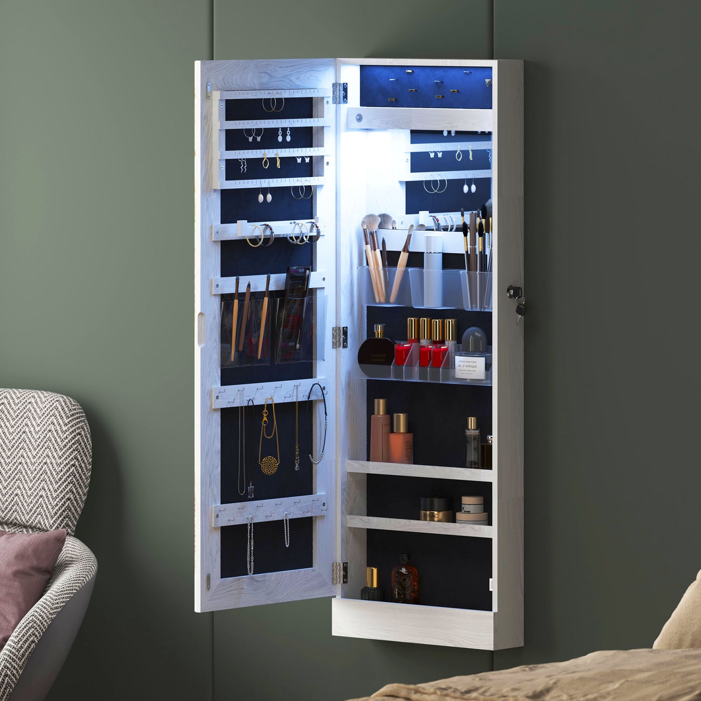 SogesPower 42.5" Wall Mirror Jewelry Cabinet with Adjusttable LED Light- White