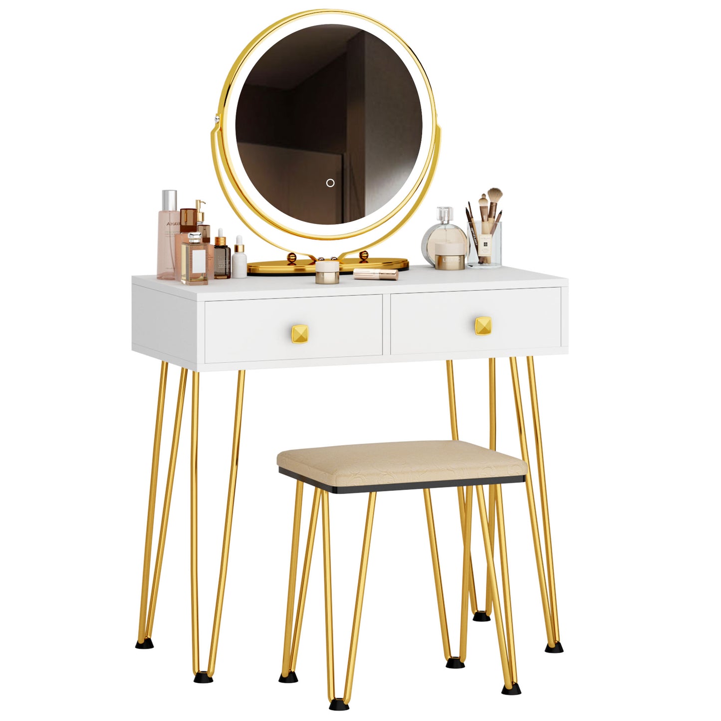 Soges Elegant White Vanity Dressing Table with Round Mirror - Perfect Holiday and Valentine's Day Gift, Fashionable Design, Solid Wood Frame - Stylish Makeup Vanity