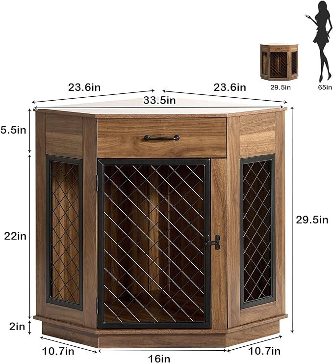 SogesPower Corner Dog Crate Furniture with Storage Drawer, Wooden Dog Kennel End Table for Small Dogs, Indoor Dog House with Metal Mesh Door and Lock for Living Room, Bedroom and Entrance, Vintage