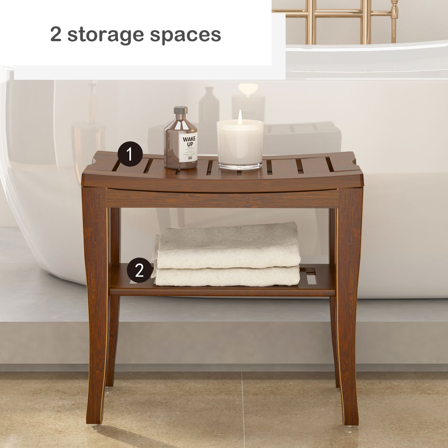 SogesPower Bathroom Bench Bamboo Wood Shower Stool Non-slip Waterproof Shower Seat with Storage Shelf