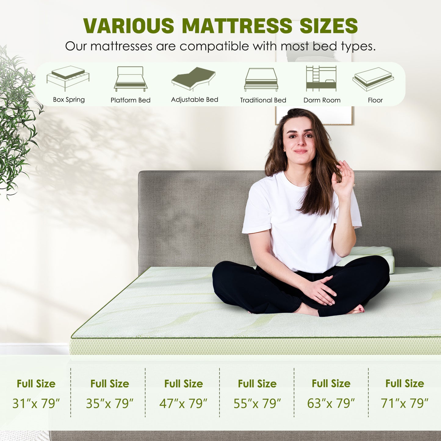 Aloe Vera Mattress, 2'' Memory Foam Mattress Topper, 30D Memory 1.2'' In White With 7 Zone/Egg Base Shape, With Pillow