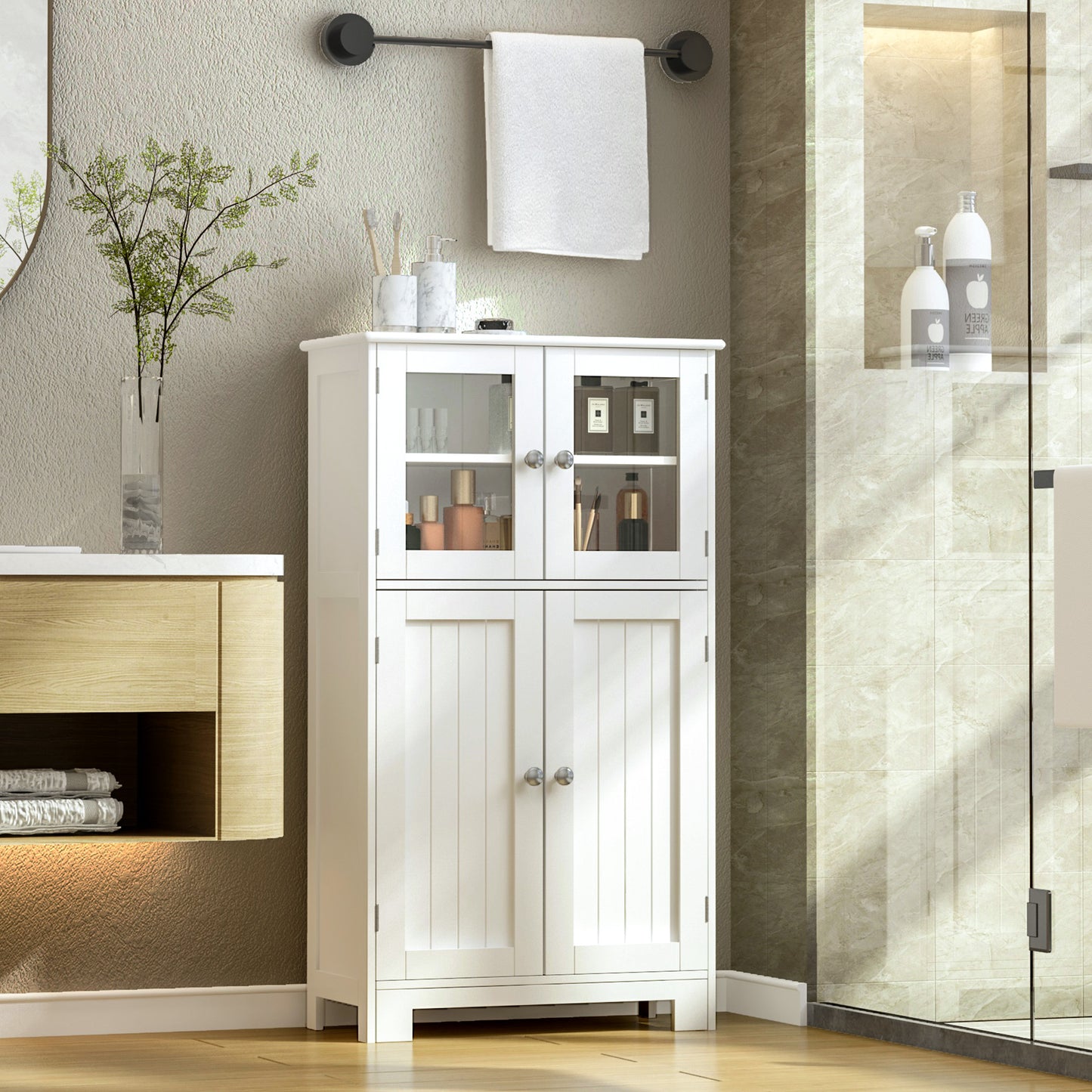 Soges 4 Door Kitchen Storage Cabinet, Wooden Food Cutlery Locker with Adjustable Shelves, White