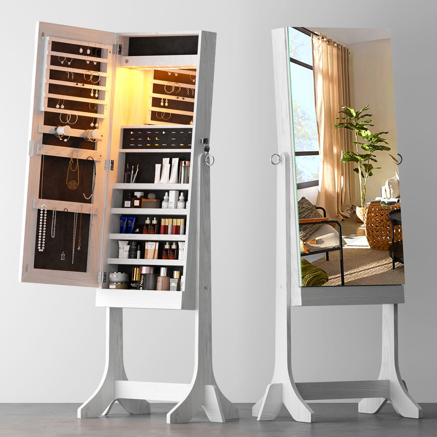 Soges Rugged and Versatile LED Full-Length Mirror Cabinet For Cosmetic Storage, Standing Full-Length Mirror Cabinet, White