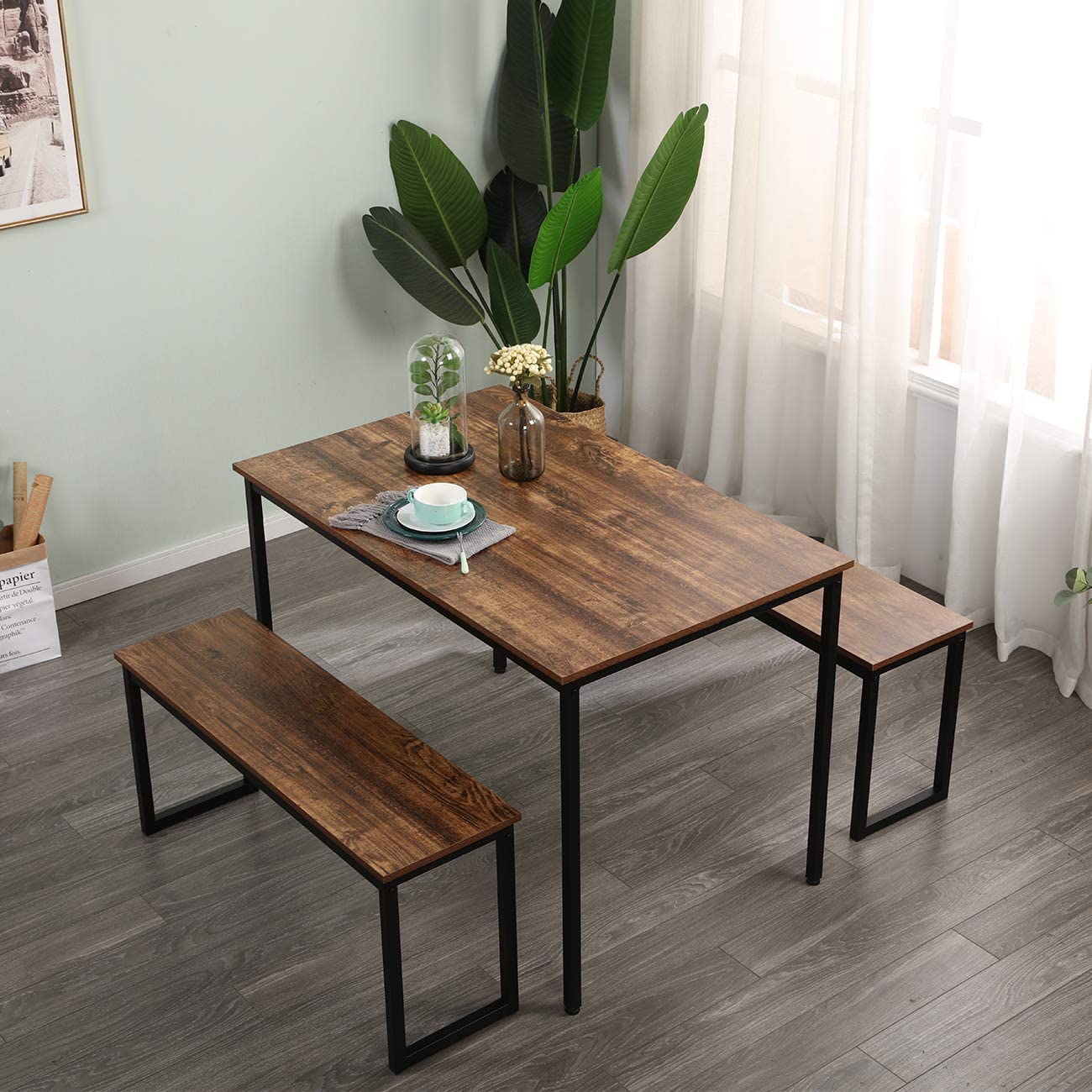 SogesPower Modern Dining Table Set with 2 Benches, 3 Piece Dining Table Set- Brown