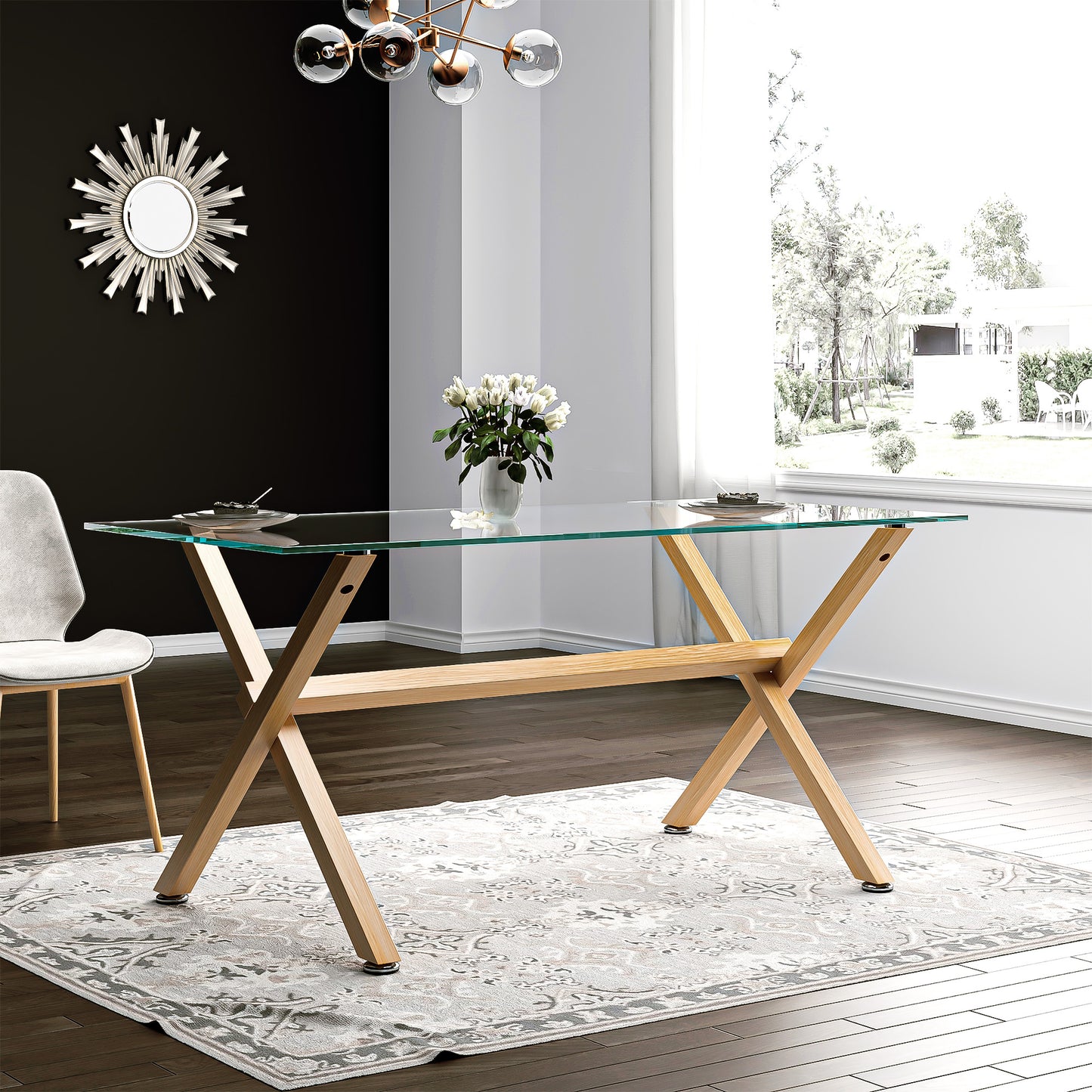 SogesPower Modern Clear Tempered Glass Dining Table with Metal Legs