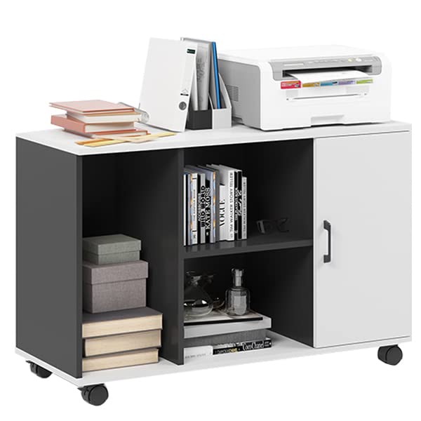 SogesHome Office File Cabinet, Mobile Lateral Filing Cabinet with 1-Door, Storage Cabinet with Lockable Wheels for Home, Office, School, Black&White