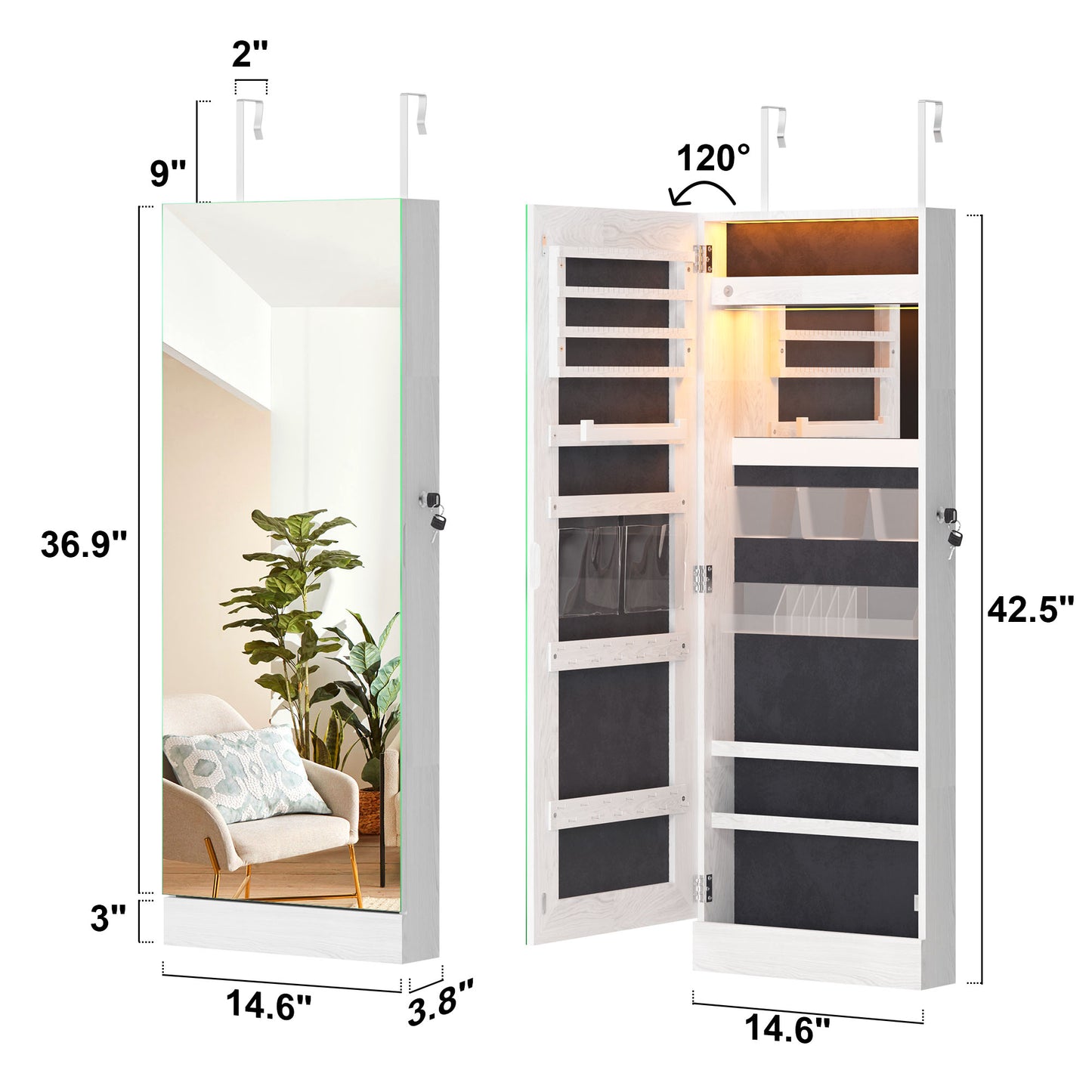 SogesPower 42.5" Wall Mirror Jewelry Cabinet with Adjusttable LED Light- White