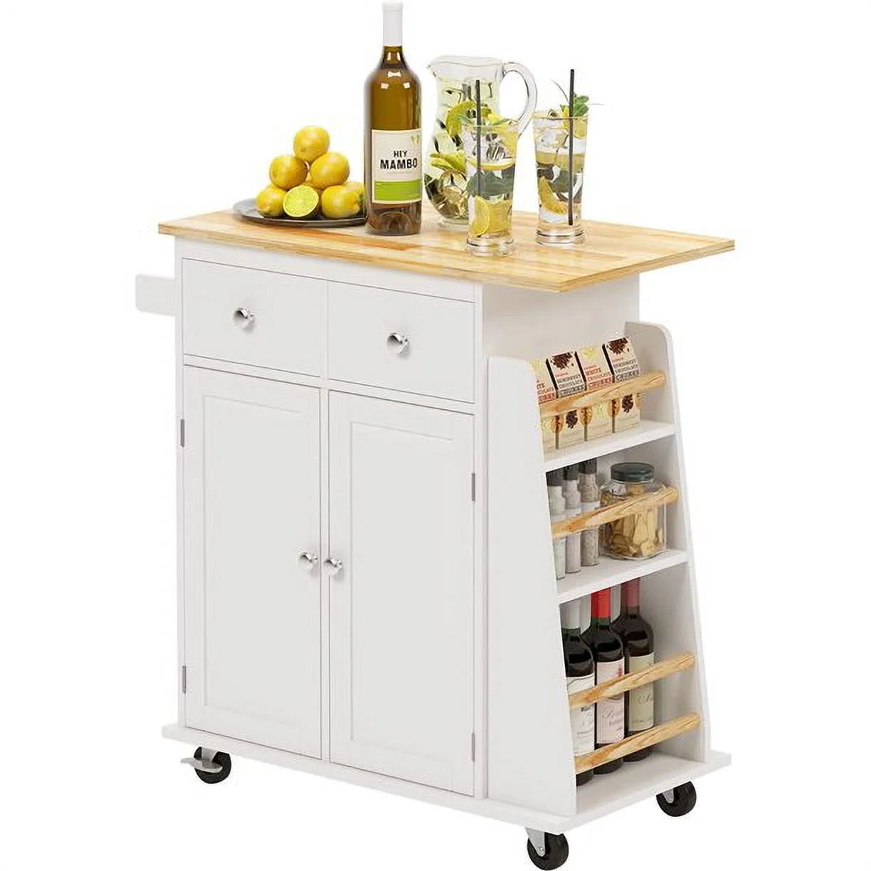SogesPower Rolling Kitchen Island Cart with Cabinets, Drawers, Spice Rack, Towel Bar, Storage Trolley Cart with Brown Wood Top