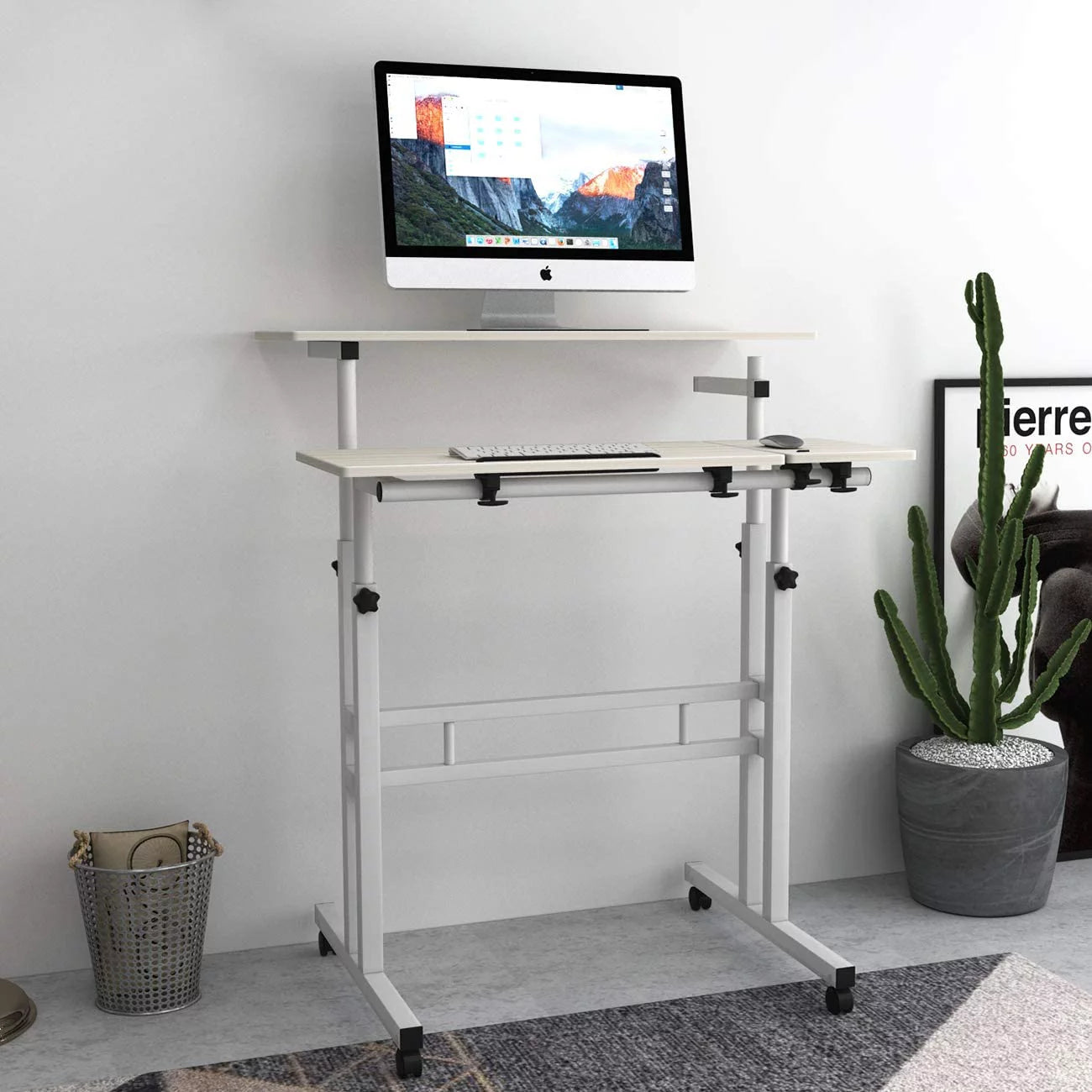 SOGES Computer Desk with Wheels Home Snack Side Table with Castors Mobile Office Desk Maple