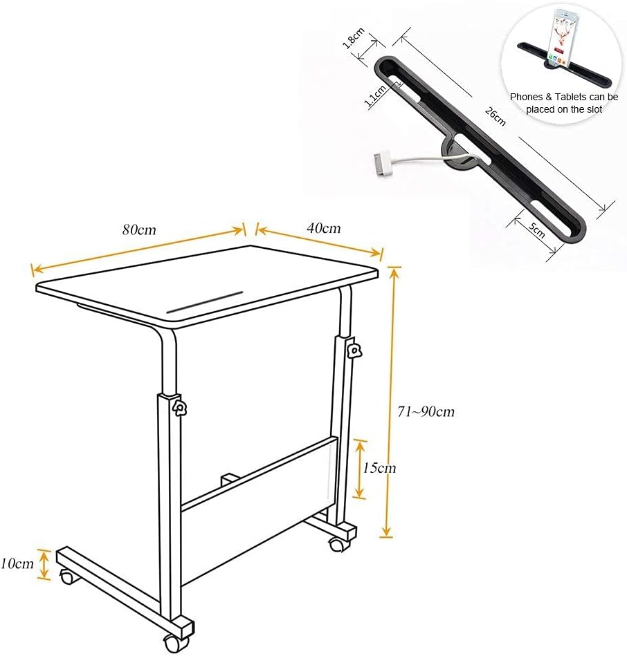 Laptop Table 80 x 40 cm Height-Adjustable PC Table with Wheels, Bed Table, Side Table, Small Desk, Surface with Incision, 05#3-80MP-SH