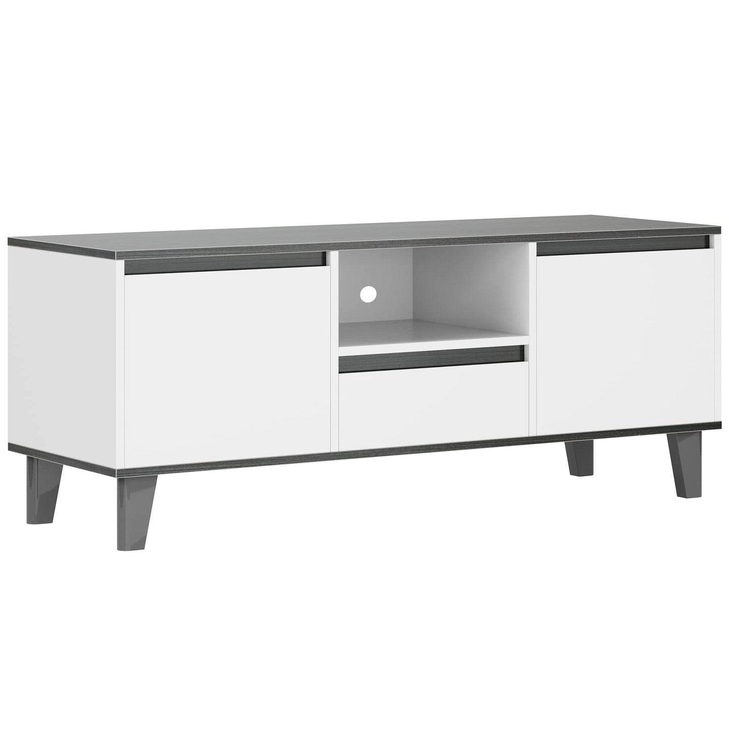 SogesHome TV Stand with 2-Door Cabinet, Entertainment Center for TVs Up with 1-Storage Cube&1-Drawer, TV Media Storage Console Table for Living Room, Bedroom,White&Grey